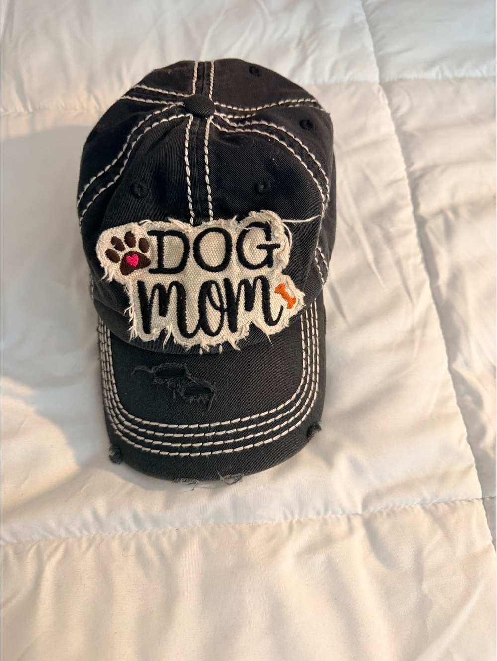 Black 'Dog Mom' Embroidered Distressed Baseball Cap